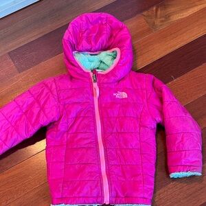 The North Face Vibrant Pink Hooded Jacket with Mint fur interior. Size 18-24 mth